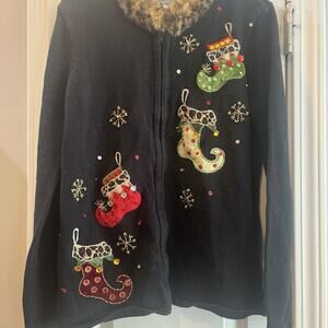 Womans Christmas Cardigan Sweater Faux Fur Collar - Med